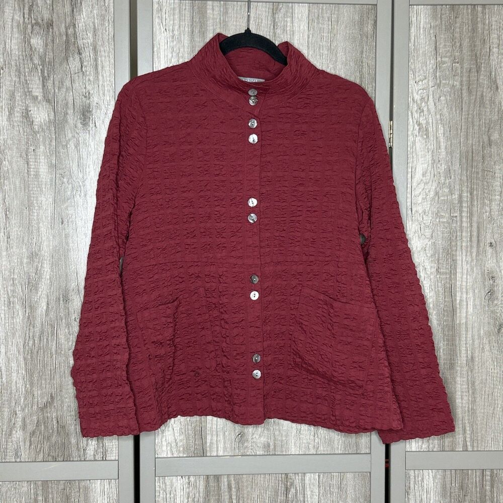 Habitat Top Size S Button Up Crinkled Relaxed Pockets Artsy Lagenlook Red